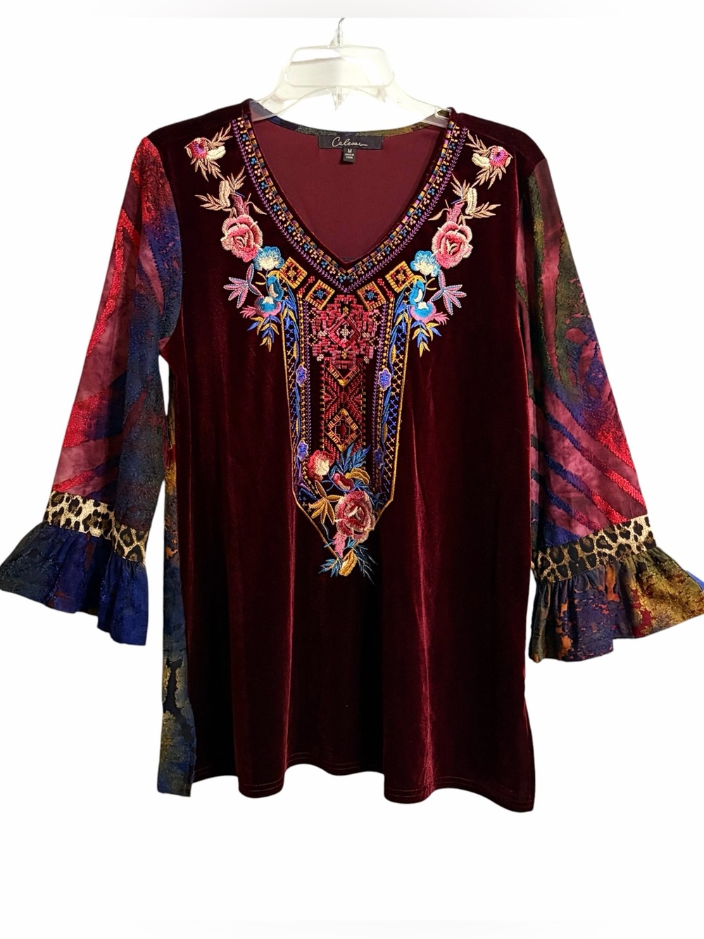 Calessa Boho Velvet Embroidered Art to Wear Top M NWT Multi Media Maximalist